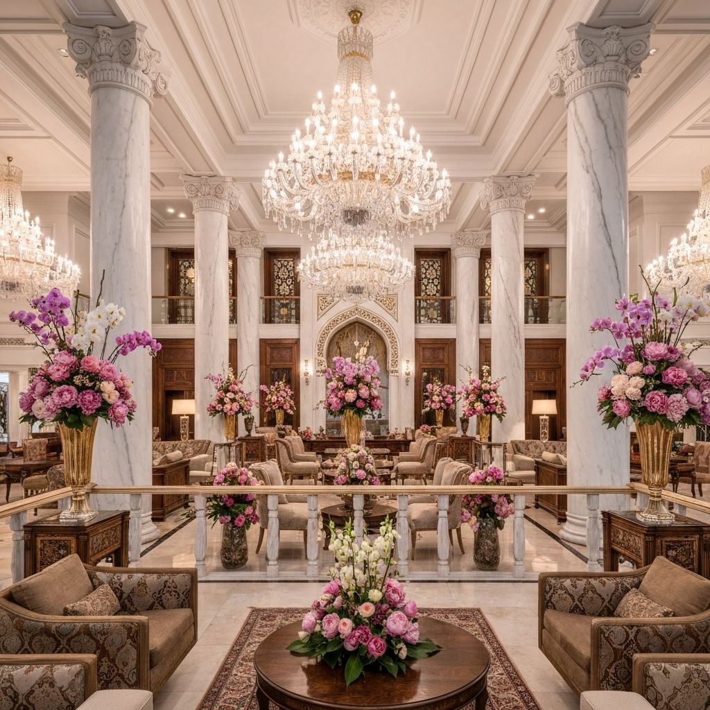Muhteşem otel lobisi mermer sütunlar ve kristal avize ile